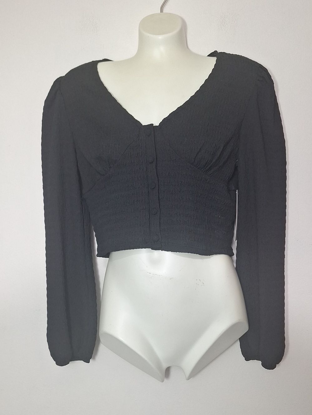 Kirious Black Smocked Long-Sleeve Button Down Crop Top